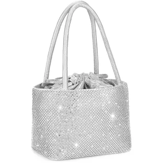 UBORSE Damen Clutch Abendtasche Glitzer Umhängetasche kleine Strass Handtasche Schultertasche Kette Tasche für Braut Hochzeit Party Disko - Silber