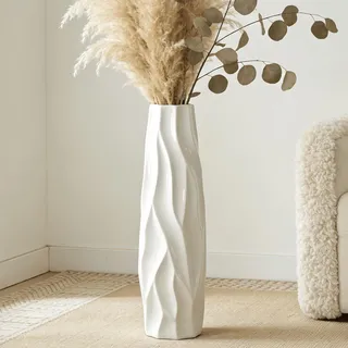 Duoqulou Große Weiße Keramikvase, 60 cm, Dekorative Bodenvase für Wohnzimmer, Büro und Schlafzimmer, Stilvolle Blumenvase für Pampasgras