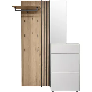 Johann Jakob Garderobe , Weiß, Eichefarben , Holz, Metall, Glas , 3-teilig , Kernbirke, Kerneiche , massiv , 125x196x39 cm , Garderobe, Garderoben-Sets & Garderoben-Serien, Garderoben-Sets