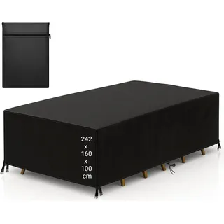 Gartenset-Schutzhülle, wasserdicht, mit Kordelzug und guter Drainage – B 242 x L 162 x H 100 cm – schwarze Gartenmöbel-Abdeckung – Gartenmöbel-Abdeckung – Garten-Set-Abdeckung – Lounge-Set-Abdeckung – Gartentisch-Abdeckung - Schwarz