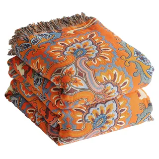 Solidchoice – Boho-Bettdecke, 100 % Baumwolle, 200 x 230 cm, Orange/Grün