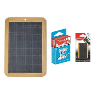 Maped – Set Schiefer schwarz aus Stein (L) 260 x (H) 182 mm + kleine Schwammbürste aus Holz und Filz + 1 Box mit 10 weißen Kreiden