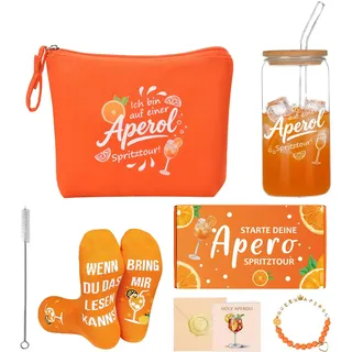 Aperol Geschenk für Frauen, Personalisierte Geschenkidee mit Personalisiertem Glas, Socken, Kosmetiktasche, Armband und Grußkarte, Perfektes Damen Geschenk für Geburtstag und Sommer Partys