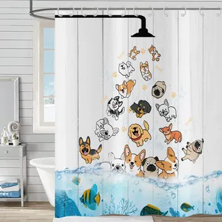 Hnmdmyi Duschvorhang Lustig 120x200, Bunter Haustier Hund und Ozean Fisch Kinder Duschvorhänge Rustikaler Holz Hintergrund Badewanne Vorhang Wasserdicht Polyester Stoff Waschbar Badevorhang mit Haken
