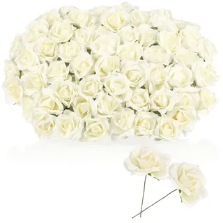 com-four® 10x Bouquetzweig - Deko Blumenzweig mit weißen Blüten - Papierrosen zum Verzieren von Kränzen und Geschenken - Deko-Blumen als Tischdekoration - Blumenbouquet für Hochzeit (10 Büdel weiß)