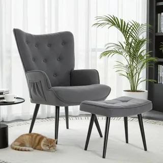 Clevich Ohrensessel - Gemütlicher Loungesessel mit Hocker, Lesesesselaus, Chenille Armchair für Wohnzimmer & Schlafzimmer - Bis 168kg, Grau