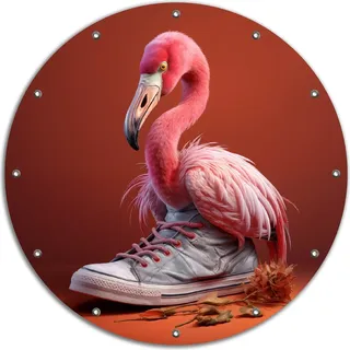 Wallario rundes Outdoor-Poster für Garten oder Balkon, Motiv Flamingo im Sneaker, 90 cm Durchmesser - Rosa