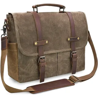 Umhängetasche Herren Laptoptasche Wasserdicht Canvas 15,6 Zoll Vintage Stoff Leder Khaki - Grün