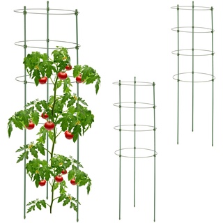 Relaxdays Tomatenturm 3er Set, Pflanzenturm 91 cm, Rankhilfe Metall, für Tomaten, Gurken, Rosen, runde Rosensäule, grün