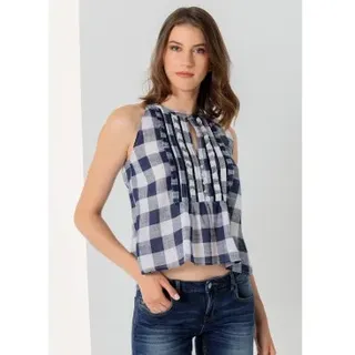 Lois Jeans für Damen. 431492499 Ärmellose Bluse mit marineblauem Vichy-Karomuster (M), Lässig, Baumwolle, Ärmellos / Hosenträger