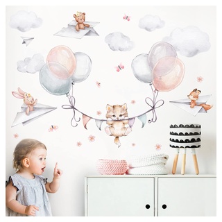 Little Deco Katze mit Luftballons Wandtattoo Tiere Kinderzimmer Wandsticker für Babyzimmer Wandaufkleber selbstklebend Wanddeko DL840-4