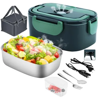 Gentre Elektrische Lunchbox 12V/24V/220V/110V für Auto, LKW, Büro und Zuhause, 4 in 1 1.5L Edelstahl Speisenwärmer Lunch Box Elektrisch Thermo Lebensmittelbehälter mit Gabel und Löffel Isoliertasche