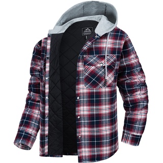 MAGCOMSEN Herren Outdoor Flanellhemd Kapuze Plaid Hemd Kariert Gesteppt Winterhemd Herbst Fleece Hemdjacke Herren Warme Arbeitshemd Hoodie Baumwolle Karohemd Rot Weiß L