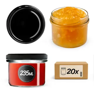 KADAX 20st Einmachgläser mit Schraubdeckel, 235 ml Gläser fi82, Einmachglas Klein, Marmeladengläser mit Deckel, Luftdichte Gläschen zum Verschenken, Schraubgläser (Schwarz)
