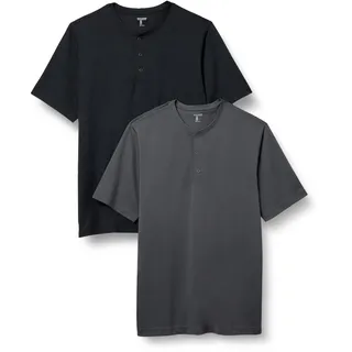 Amazon Essentials Herren Kurzärmliges Henley-Hemd Aus Schnelltrocknendem Jersey, Normale Passform, 2er-Pack, Dunkelgrau/Schwarz, L