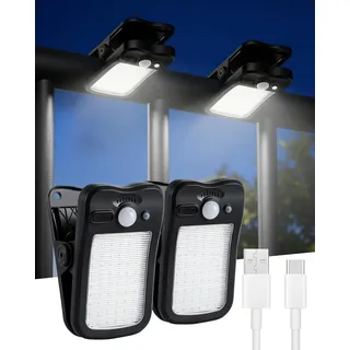 Außenlampe mit Bewegungsmelder Dachrinnen Solarleuchten Klemmleuchte-2er | 3 Modi PIR Sensor, Clip-On ohne Bohren, Solarbetrieb + USB-Aufladung IP65 wasserdicht für Garten Zaun Terrasse Deck