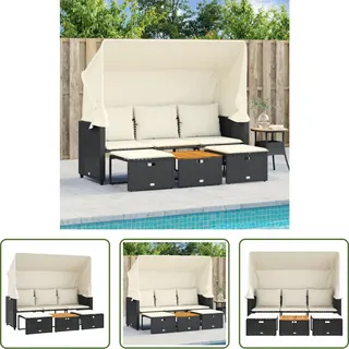 The Living Store Outdoor-Sofa 3-Sitzer mit Dach und Hockern Schwarz Poly-Rattan - Schwarz