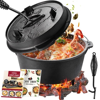 Overmont Dutch Oven Gusseisen Topf - Eingebrannter Feuertopf mit Füßen 2in1 Deckel Rezeptbuch und Deckelheber - für Abenteuer Garten Lagerfeuer Camping Größe M