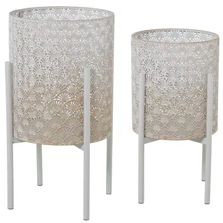 DRW Set mit 2 Pflanzgefäßen aus Metall mit Füßen in Weiß und Gold, 31 x 31 x 58 cm