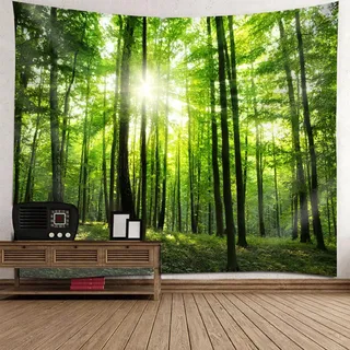 Beydodo Wandteppich Wald Grün, Wandvorhang Natur Motiv 150x150 Wandtuch Wandteppich Kinderzimmer Wanddeko Schlafzimmer