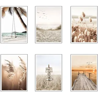 Set mit 6 Holzbildern, Dekoration für modernes Wohnzimmer, Schlafzimmer, Zimmer, Landschaft, Strand, Natur mit Metallaufhängern (38 x 29 cm pro Bild)