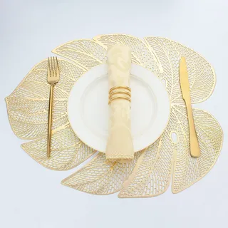 Evevda Vinyl-Tischsets in Blattform, 4 Stück, metallischer Kunststoff, goldfarben, abwischbar, 6 Stück, Tischmatten für Hochzeit, Annersary, Abendessen, Tischdekoration