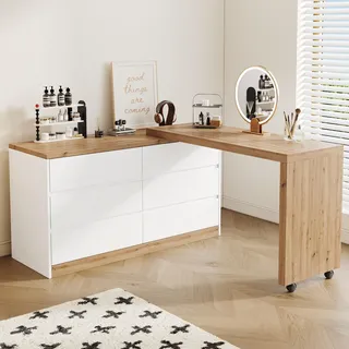 MODFU Schreibtisch mit Rollen 120x50 cm, Eckschreibtisch L-Förmig, Computertisch drehbar mit 6 Schubladen, Klappfunktion, Sideboard-Funktion, Weiß+Eiche - Weiß
