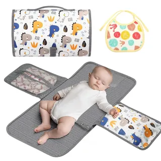 HOTUT Tragbares Wickelunterlage,Faltbar Baby Wickelauflage mit Babylätzchen,Wasserdichte Baby Wickelunterlagen mit Fächern für Unterwegs, Reise-Weiß Dinosaurier