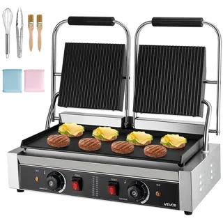 VEVOR kommerzieller Panini-Grill Kontaktgrill 3600 W für Sandwiches Steak Bacon Hamburger, Sandwichmaker Pressgrill aus Edelstahl mit Griff & Temperaturregelung & 48 x 23 cm Heizplatte, Paninipresse