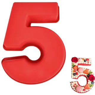 Vicloon Silikon Kuchenform Zahlen Groß, Silikon Backform Zahl 5, Antihaftend Silikons Backform, Eingedickt Number Cake Backforms, Backen Geburtstag Jubiläum - Rot