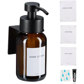 Relaxdays Seifenspender, 1er Pack, 250ml, Braunglas, Edelstahl, Wandseifenspender zum Kleben, ohne Bohren, braun/schwarz