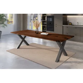 Esstisch Baumkante massiv Akazie nussbaum 260 x 100 schwarz X-Gestell NICK - Braun