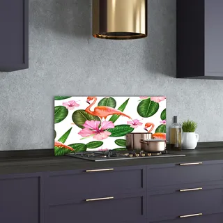 Tulup® Küchenrückwand Spritzschutz aus Glas -100x50 -Spritzschutz auf gehärtetes GlasDeko Tiere Flamingos Pflanzen