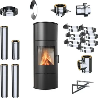 Freistehender Kaminofen KRATKI ROLLO W 7kW Ø150 Außenkaminset - Schwarz