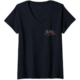 Damen Wein Vino - Holla die Weinfee - Weißwein Rotwein T-Shirt mit V-Ausschnitt, Schwarz, L