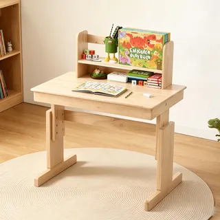 Merax Kinderschreibtisch höhenverstellbar aus Massivholz, Multifunktionsschreibtisch mit klappbarer Tischplatte und Buchstütze, Natur