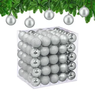 Relaxdays Weihnachtskugeln im 100er Set, Kunststoff, D: 6cm, runde Weihnachtsbaumdeko, Baumschmuck bruchsicher, Silber