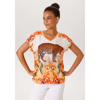 Shirtbluse ANISTON CASUAL, Damen, Gr. 40, bunt (wollweiß, orange, gelb, rot, rosa, braun, khaki, grün), Crêpe, Obermaterial Vorderteil: 97% Polyester, 3% Elasthan. Rückenteil: 95% Viskose, 5% Elasthan, bedruckt, figurumspielend hüftbedeckend, V-Ausschnitt, Umschlagbund, Blusen Shirtbluse, mit Leopard, tropischen Vögeln, Blüten und Blättern
