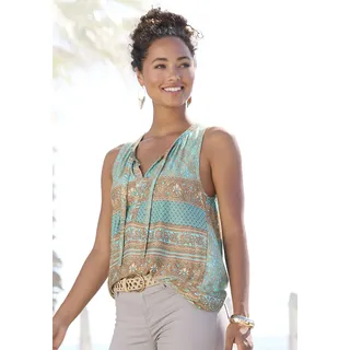 Tanktop LASCANA, Damen, Gr. 44/46, grün (türkis, bedruckt), Jersey, Obermaterial: 100% Viskose, figurumspielend hüftlang, V-Ausschnitt, Tops Tanktop, mit Bändern am Ausschnitt, Blusentop mit Alloverdruck, Topseller