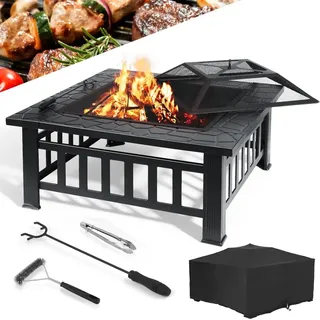 Garten-Feuerstelle - Feuerschale/Feuerkorb - 81×81×45 cm - Grillrost 51×51 cm - Wasserdichte Abdeckung inkl. - Metall - Schwarz