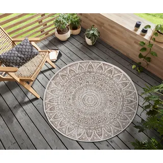 freundin Home Collection Nora In- Outdoor Teppich Rund – Wendeteppich Wetterfest Modernes Design Runder Teppich für Balkon Terrasse Wintergarten Badteppich Wohnzimmerteppich, Grau Creme, 200cm
