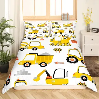 Loussiesd Kinder Auto Bettwäsche Jungs 135x200cm Bauset Ausrüstung Trucks Bettwäsche Set Jugendliche Karikatur Bagger Bettbezug Set Gelb Auto Traktor Junge Zimmerdekoration Bettwäsche Mikrofaser