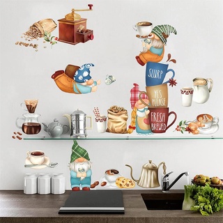 decalmile Wandtattoo Kaffee Küche Wandaufkleber Kaffeetasse Kaffeebohnen Gnom Wandsticker Küche Esszimmer Restaurant Wanddeko