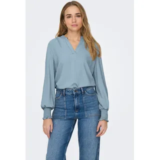Blusenshirt ONLY "ONLMETTE V-NECK LS SMOCK TOP NOOS WVN", Damen, Gr. XS, celestial blau, Web, Obermaterial: 100% Polyester, unifarben, regular fit normal, V-Ausschnitt, gesmokt, Shirts Blusenshirt, Kunstfaser, regular fit