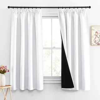PONY DANCE Doppellagige Gardinen Weiss Blickdicht 2er Set H 160 x B 140 cm 100% Verdunklungsvorhänge mit Kräuselband für Schiene Schlafzimmer Vorhänge Lichtundurchlässig Thermogardine