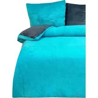 Teddyplüsch Bettwäscheset 135x200 cm Petrol Anthrazit Einfarbig Winter Kuschelig mit Reißverschluss - Türkis