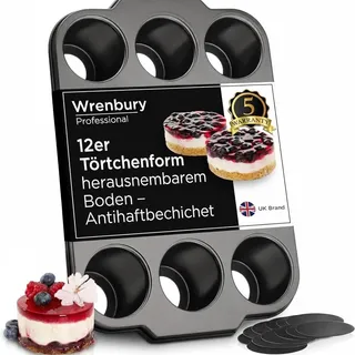 Wrenbury Törtchenform mit 12 Mulden – Mini-Kuchenform mit herausnehmbarem Boden – Schweres 1-mm-Stahlblech – Käsekuchenform