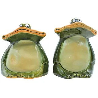 2er Set XL Deko -Frösche, Breitmaulfrösche, Gartenfigur Frosch, Frösche für Garten, Terrasse oder Teich, Froschfiguren aus Keramik, sitzend, lasiert in dunkelgrün, Größe: L/B/H ca. 9 x 9 x 12 cm.