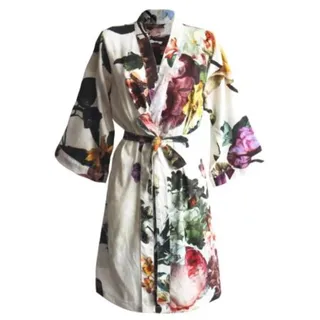 ESSENZA Kimono Fleur Ecru, XS - 100% Baumwollsatin - Blumen Pfingstrosen Tulpen