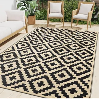 smiry Outdoor Teppich Wasserfest Balkon Camping Teppiche UV-beständig Waschbar Außenteppich Draussen Wendbarer für Terrasse, Garten, Wohnmobil - 120 x 180 cm, Schwarz & Beige